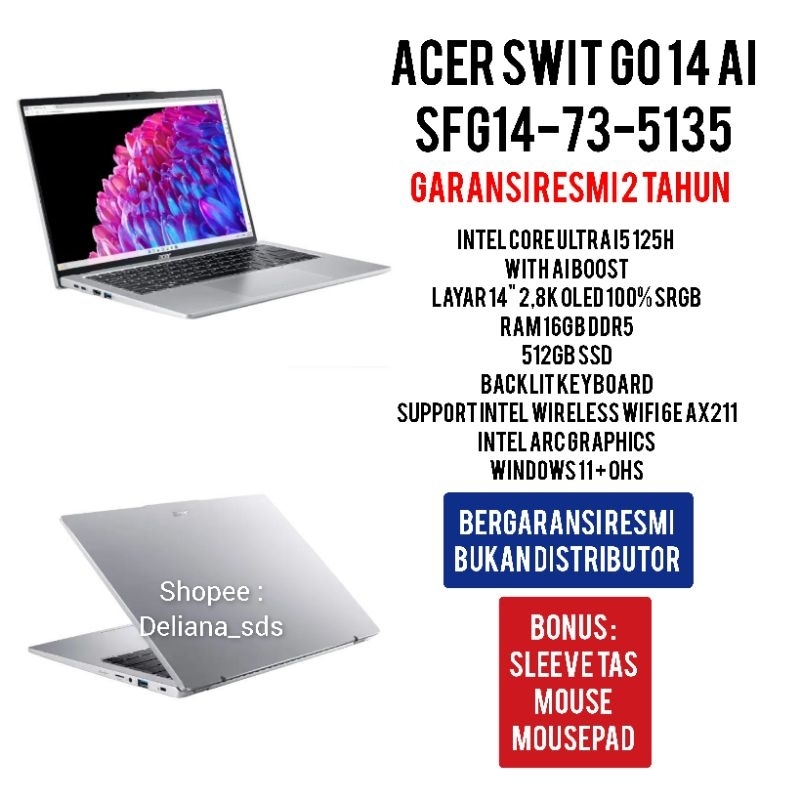 Laptop Acer Swift Go 14 AI SFG14 73 5135 Intel Core Ultra i5 12H 16/512GB SSD  14" 2,8K Oled 100% SR