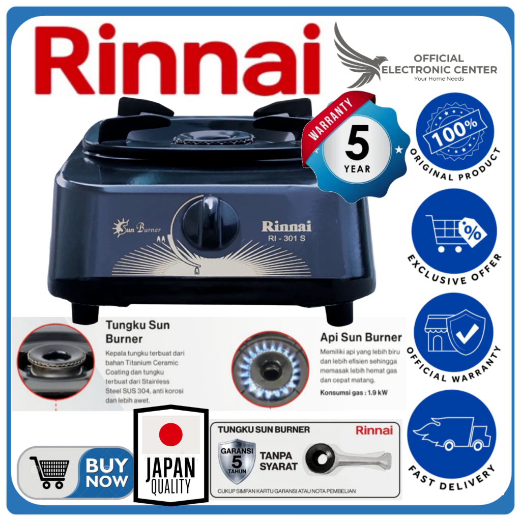 KOMPOR RINNAI RI301S RI-301S RI 301S FULL STAINLESS SUN BURNER 1 TUNGKU RINNAI KOMPOR GAS RINNAI