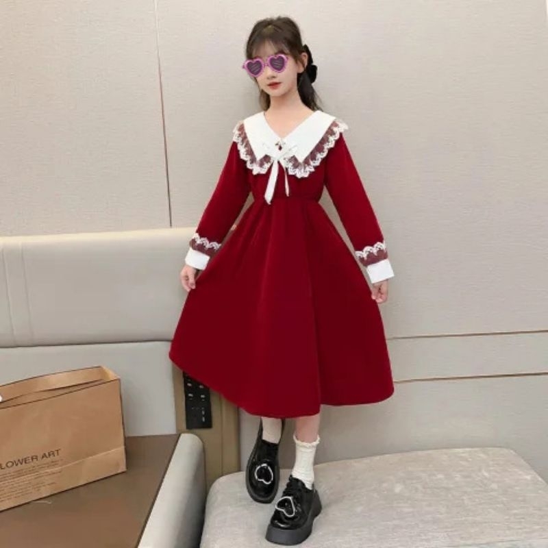 Dress Lengan Panjang Merah/Baju Setelan Anak Tanggung/Dress Korea Anak Cewek/Baju Anak Remaja/Baju A