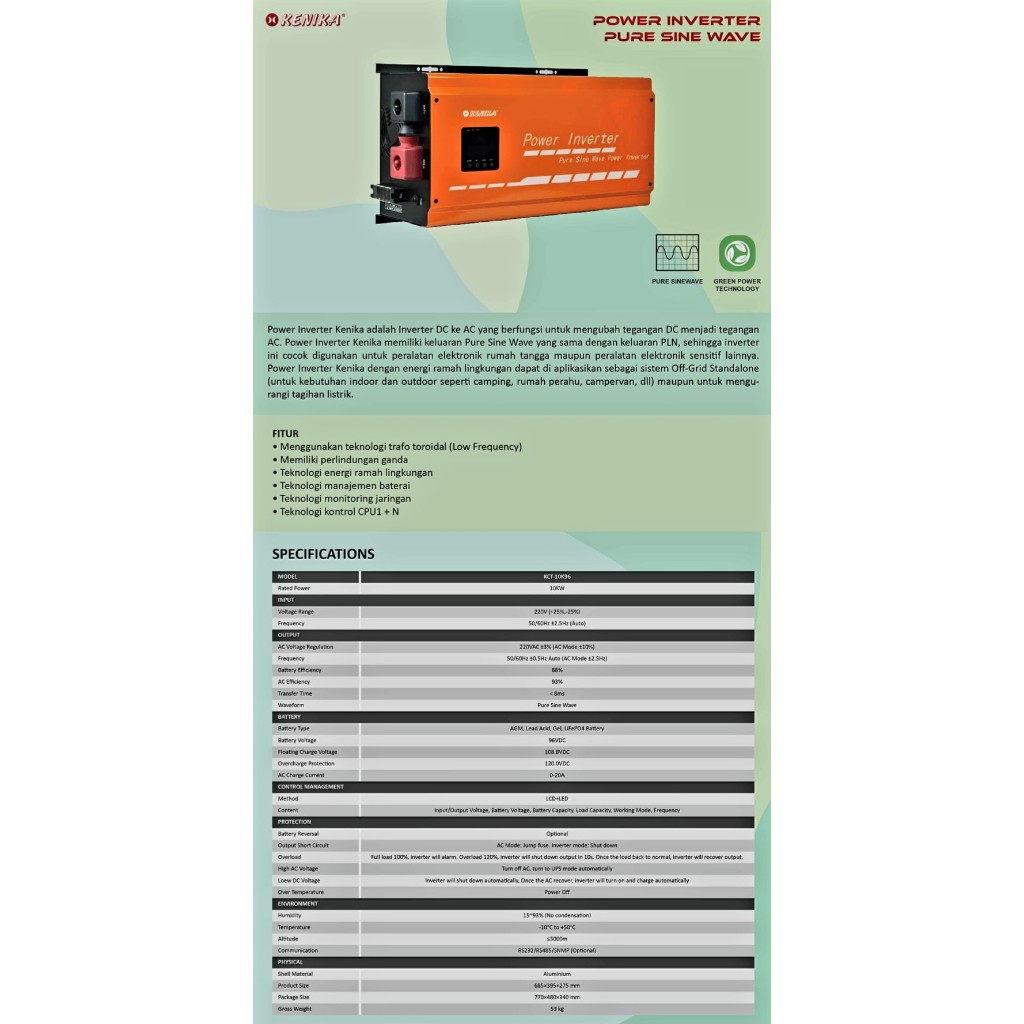 Kenika Inverter UPS PSW LF KCT10K96 6000 VA 8000 W 96 VDC