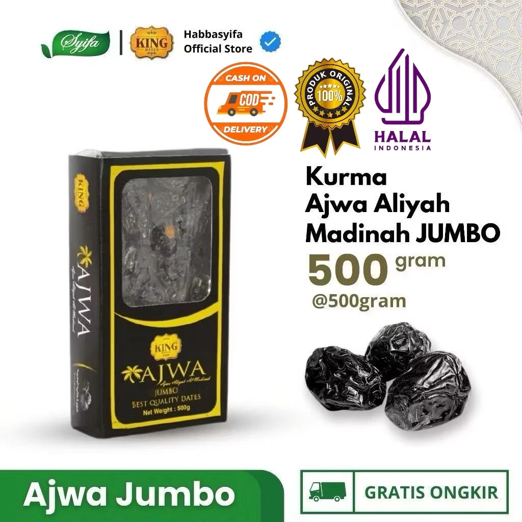 

Kurma King Dates Ajwa Jumbo 500 Gr | Kurma Nabi Syifa Herbal Alami | Kurma Ajwa Original Premium