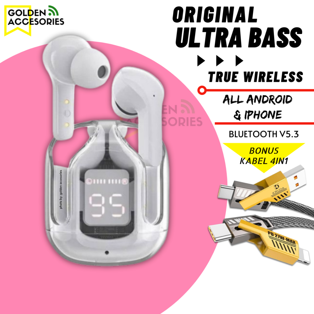 TWS ORIGINAL - bluetooth super bass hifi LED airpod transparant full bass headset for iphone/android