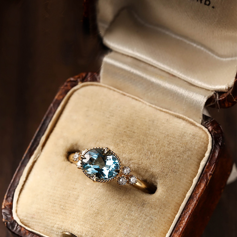 Cincin Ring Wanita S925 Mata Oval Blue Biru Aquamarine Elegan Minimalist Vintage 40