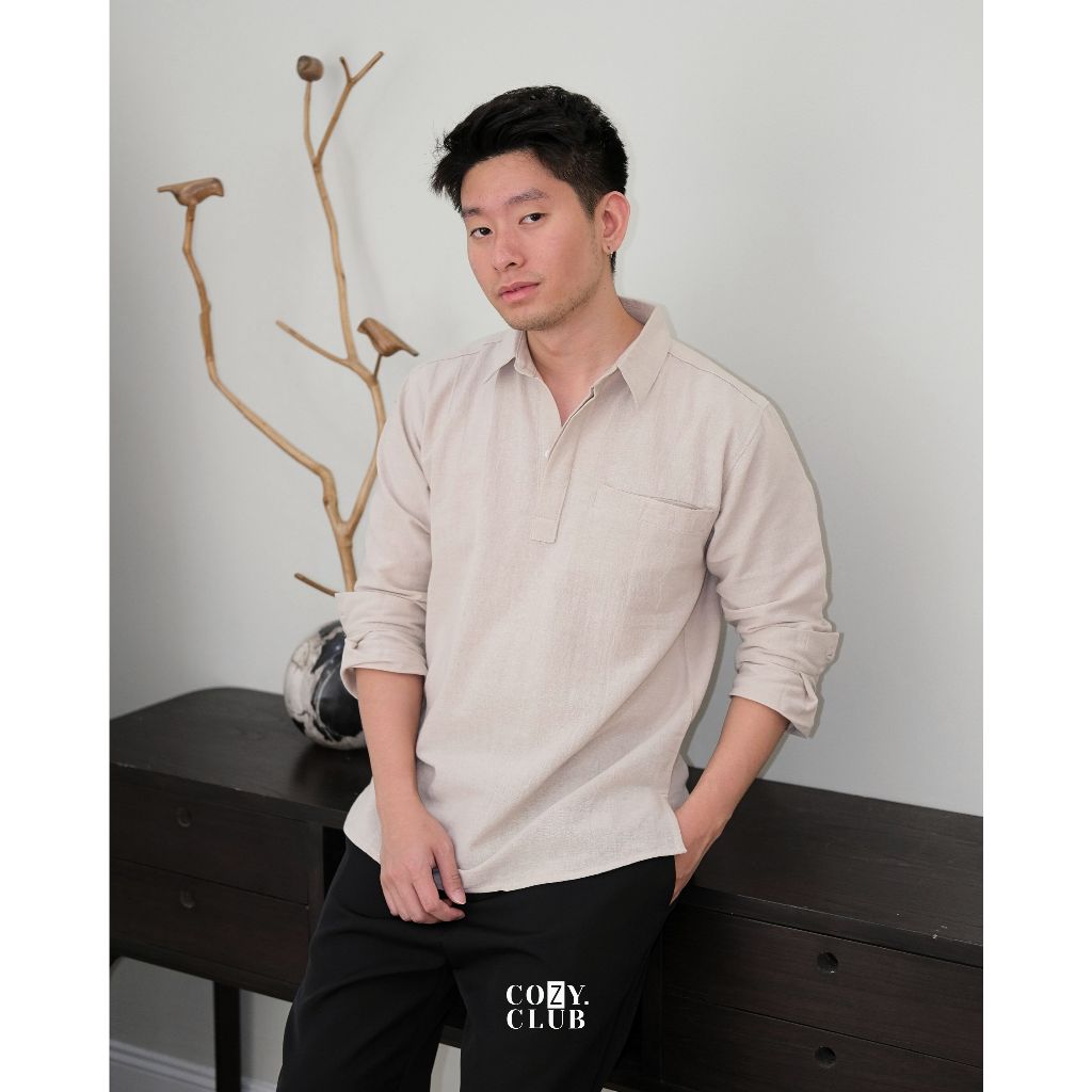 COZYCLUB Linen Longsleeve Polo | Kaos Kerah Pria Linen Lengan Panjang | 191