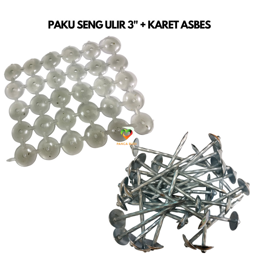 Paket Per 30 Pcs Paku Seng Ulir 3" Inch 7.5cm MUMS + Karet Asbes Bening Transparan / Karet Seng Seal