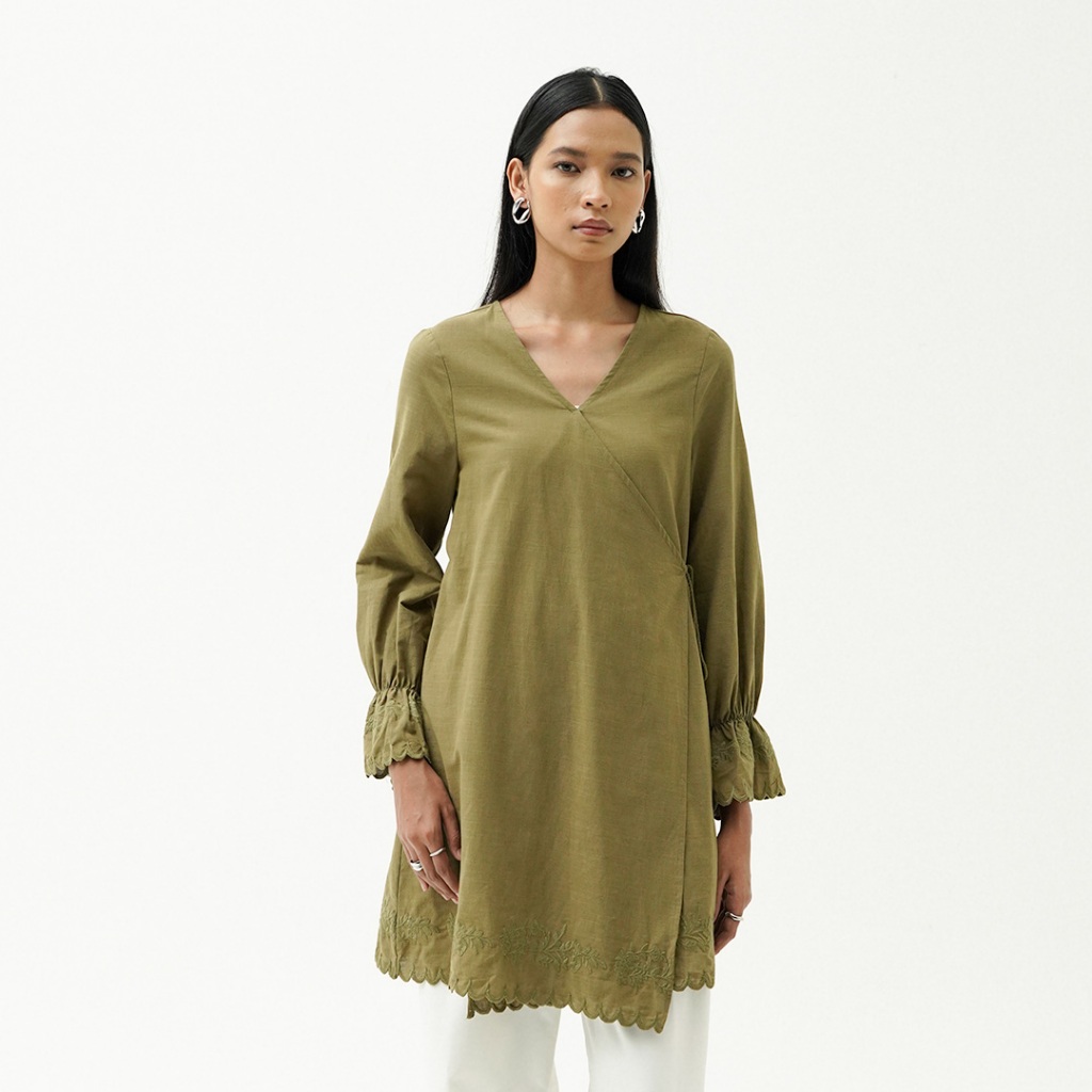 Queensland Embroidery Wrap Blouse Tunik Lengan Panjang I31000138Q Hijau Tua