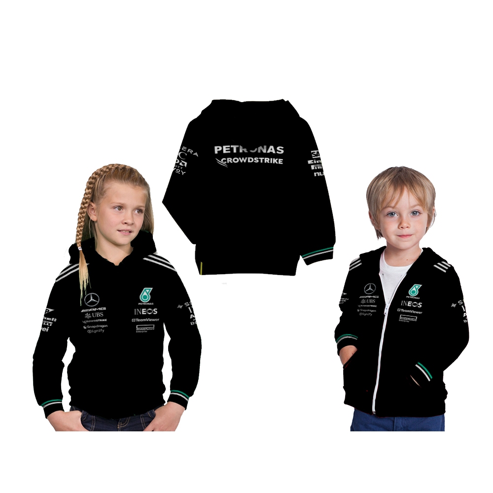 Jaket Hoodie Anak Jersey F1 Mercedes AMG Hitam Putih Custom Full Print