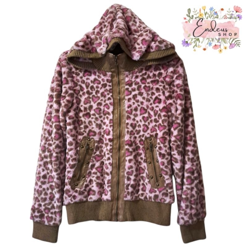 JAKET BULU CEWEK MOTIF LEOPARD SIZE M WARNA PINK COKLAT