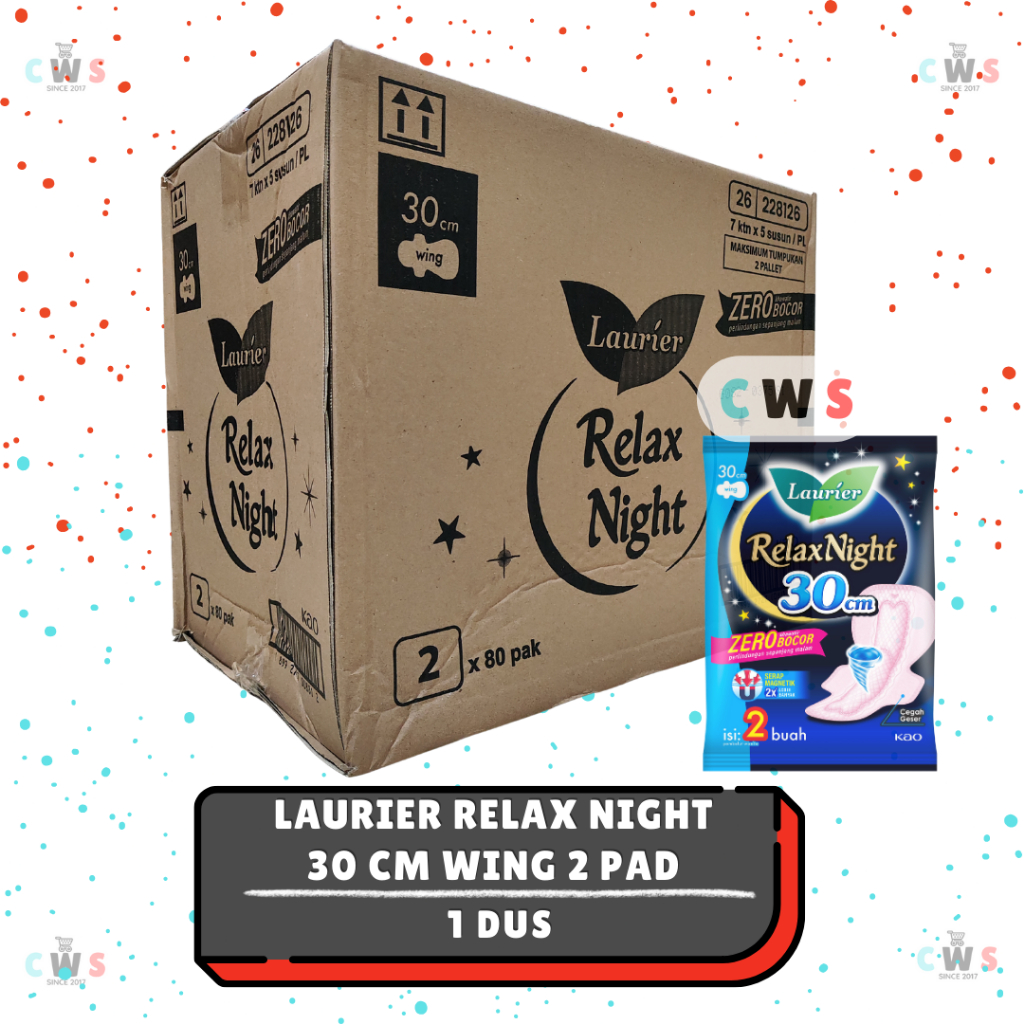 LAURIER RELAX NIGHT 30 Cm 2 Pad Pembalut Wanita Zero Bocor 10 Jam Sachet - 1 Dus / 80 Pak