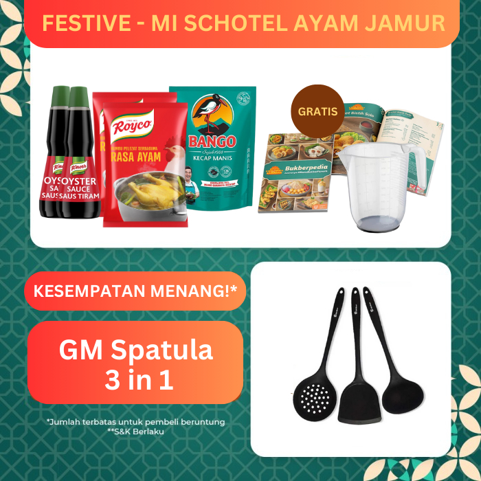 

Festive - Mi Schotel Ayam Jaur (Knorr Saus Tiram (X2) + Royco Ayam 460gr (X2) + Bango Kecap 1.5kg + Buku Resep Accordion Festive + Measuring Cup IKEA)