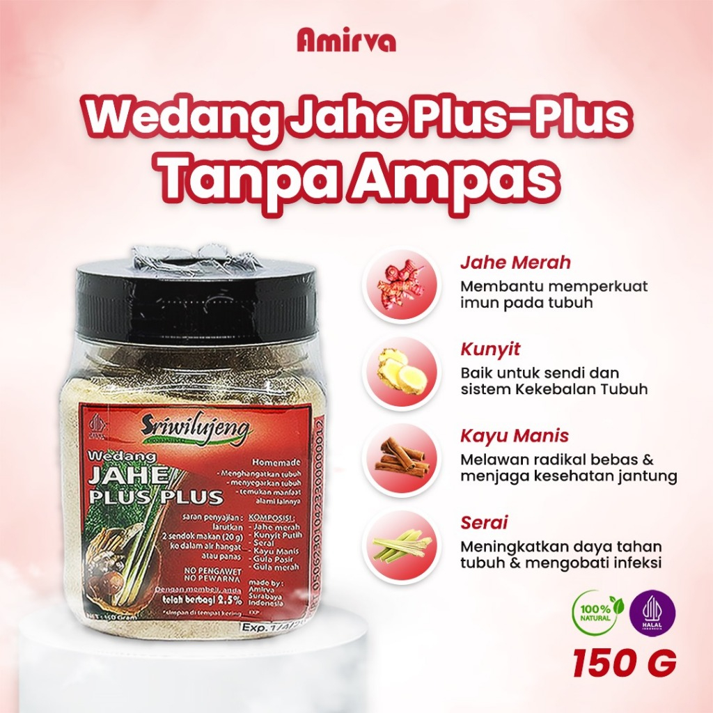 

Wedang Jahe plus plus Sriwilujeng, serbuk tanpa ampas jahe Merah+Kunyit Putih, Serai, KayuManis–150g