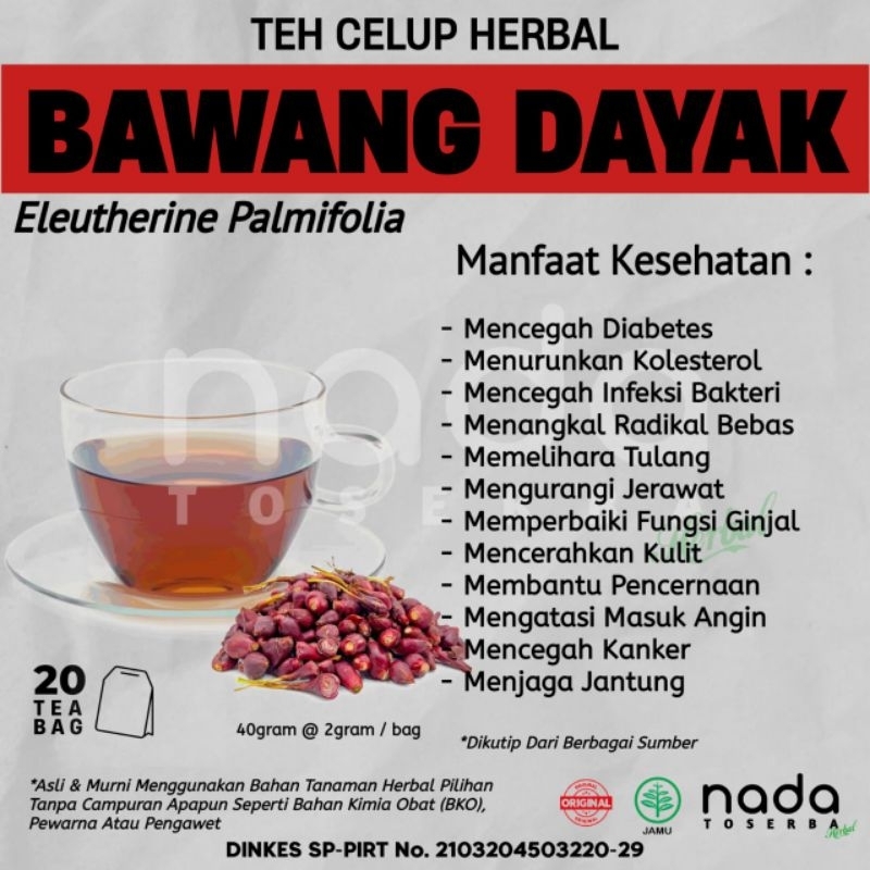 

Teh Celup Herbal BAWANG DAYAK Isi 20 Tea Bag | Kolesterol, Jantung & Diabetes | Eleutherine Palmifolia