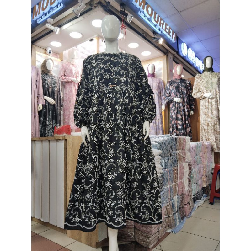 midi dress katun bordir bolong terbaru full furring-gamis wanita khusus warna hitam cod