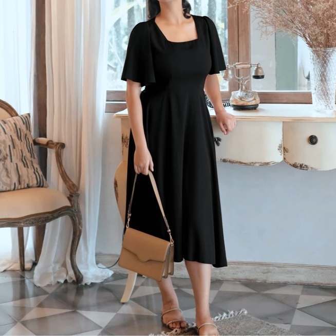 INDI&CO Laluna Midi Dress Rayon Big Size M-L-XL HITAM PEKAT| Indiand_co Preloved Local Branded Ori B