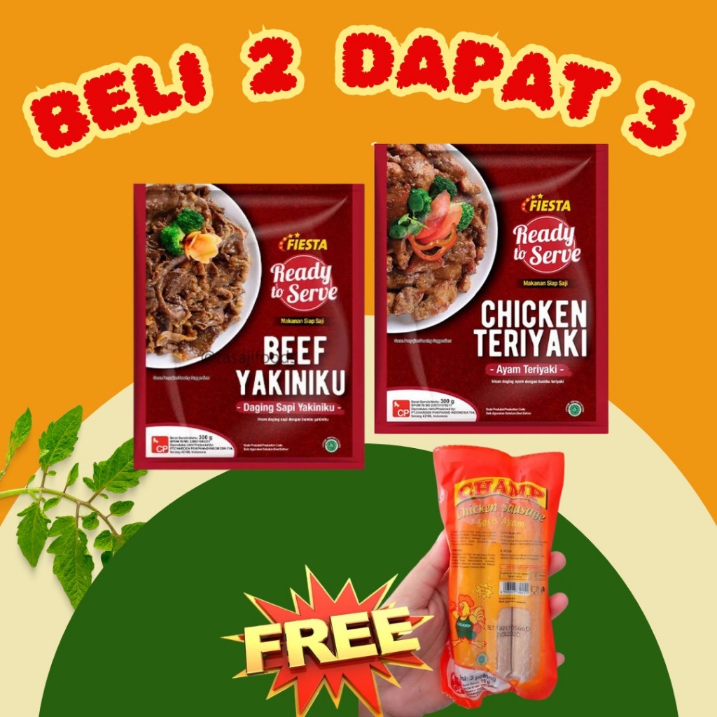 

BELI 2 DAPAT 3 FIESTA READY TO SERVE BEEF YAKINIKU + CHICKEN TERIYAKI FREE CHAMP SOSIS ISI 3