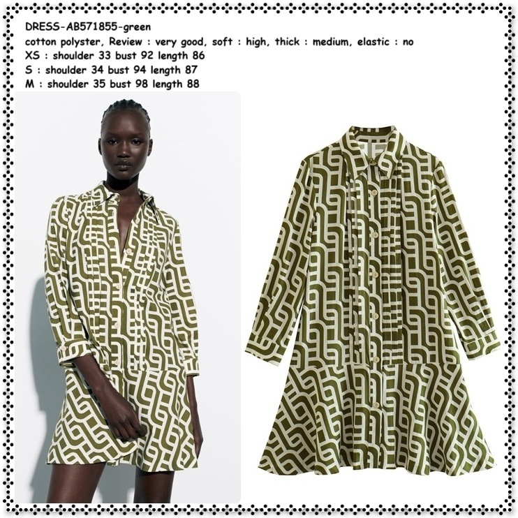AB571855 Mini Dress Retro Kemeja Lengan Panjang Wanita Korea Import Green Hijau Army Tunik