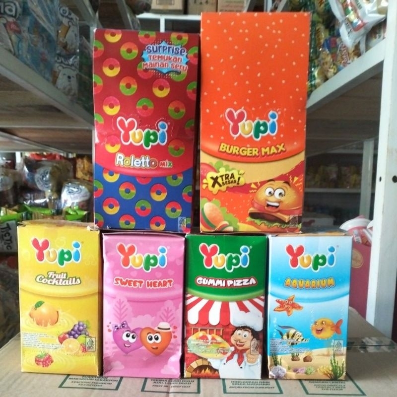 

Yupi 1000 aneka rasa gummy, yupi aquarium, yupi sweet heart, yupi burger, yupi roletto mix, yupi cocktails, yupi gummy pizza, makanan ringan permen gummy sachet ringkas mudah dibawa, friendly untuk semua kalangan