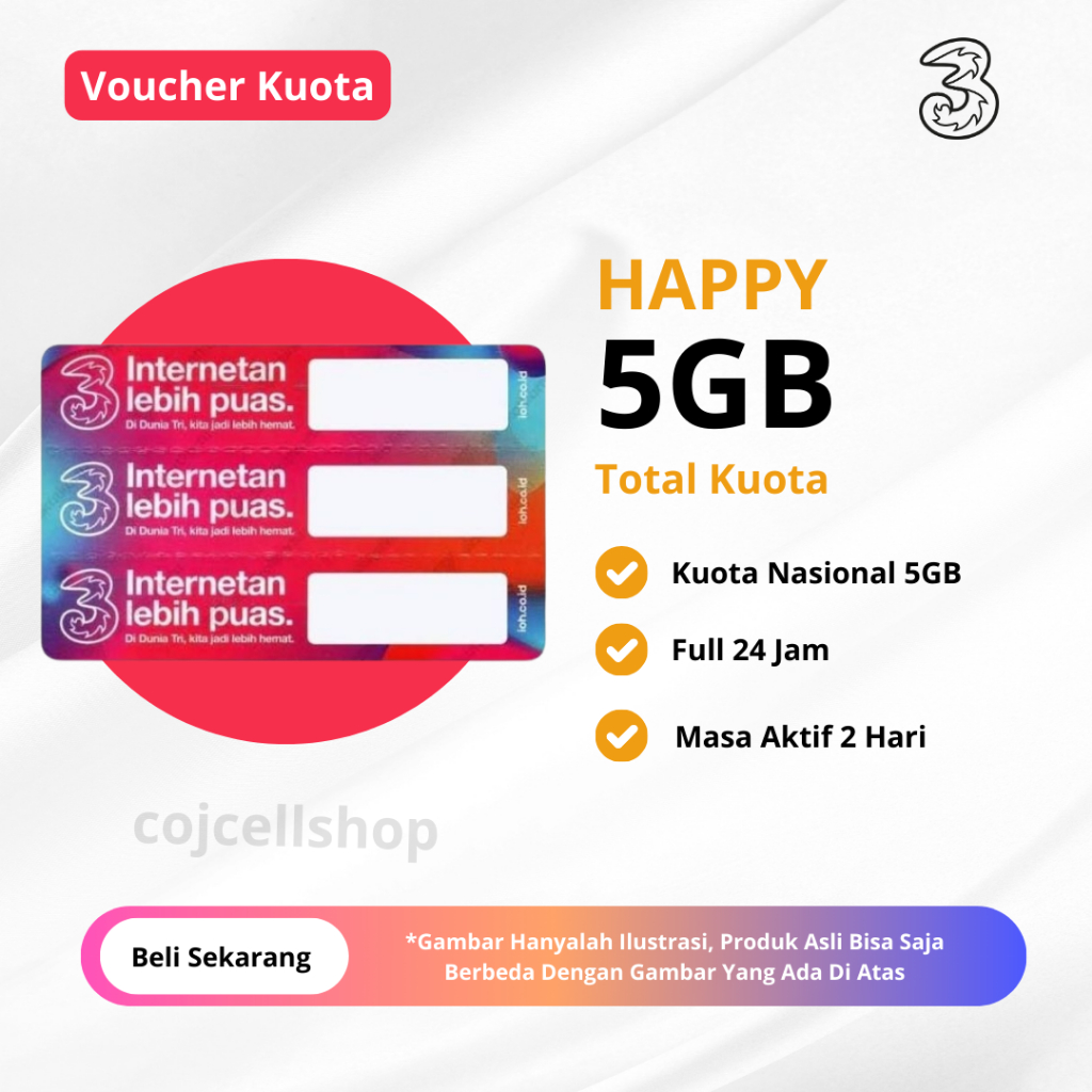 Voucher Kuota Tri Happy 5GB 2 Hari Full 24 JAM - Paket Data Tri Harian