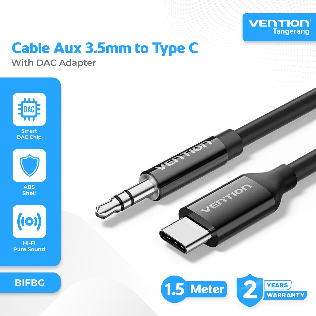 Vention Kabel Jack Audio Type C Male to Aux 3.5mm Male With DAC Adapter Hi-Fi Pure Sound 1.5 Meter -