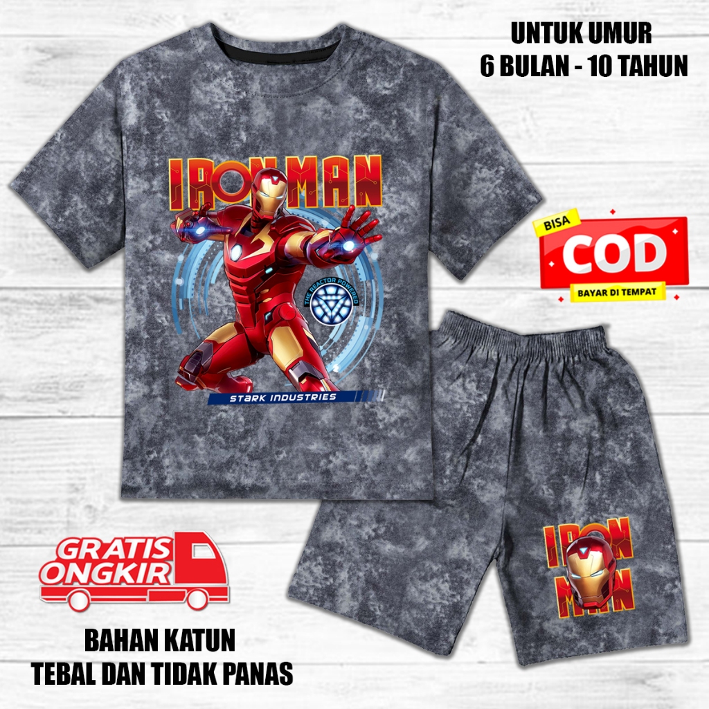 Setelan denim jeans anak laki laki perempuan lengan pendek set baju kaos anak iron man 1