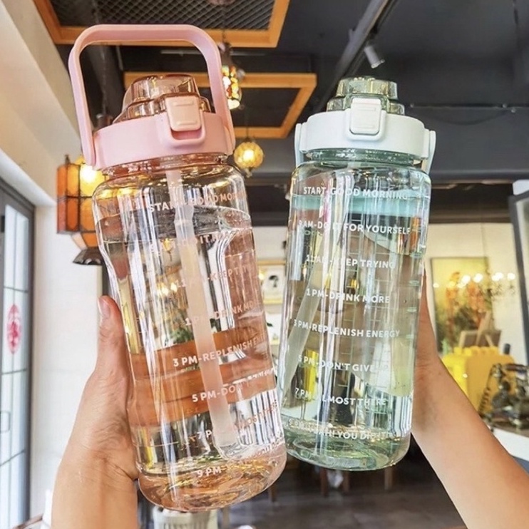 BISA COD Botol Minum Viral Jumbo 2 LITER Motivasi Sticker 2D 3D Penanda waktu Tritan Quifit Handle B