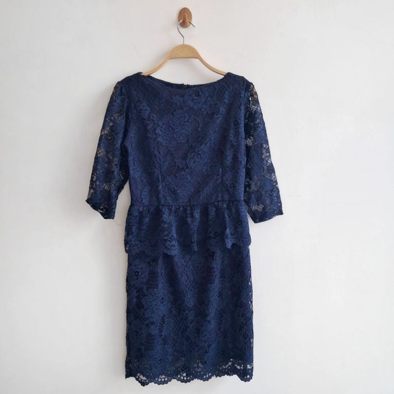 Lace Dress | Dress Brukat Navy Lengan Panjang Bangkok Import