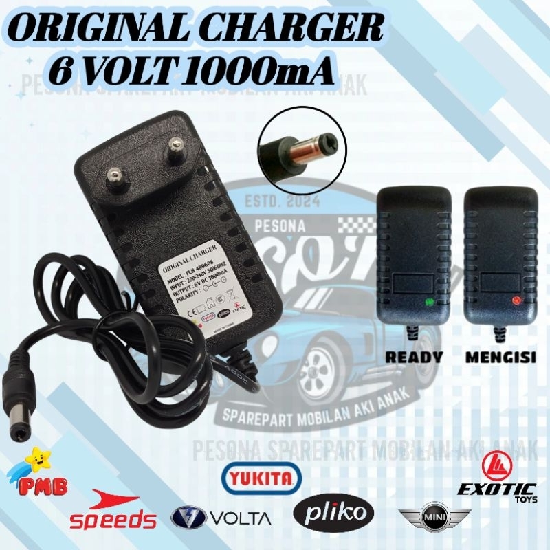 Charger original 6volt 1000mA motor aki anak mobil aki anak Pliko pmb Volta yukita speeds mini baby 