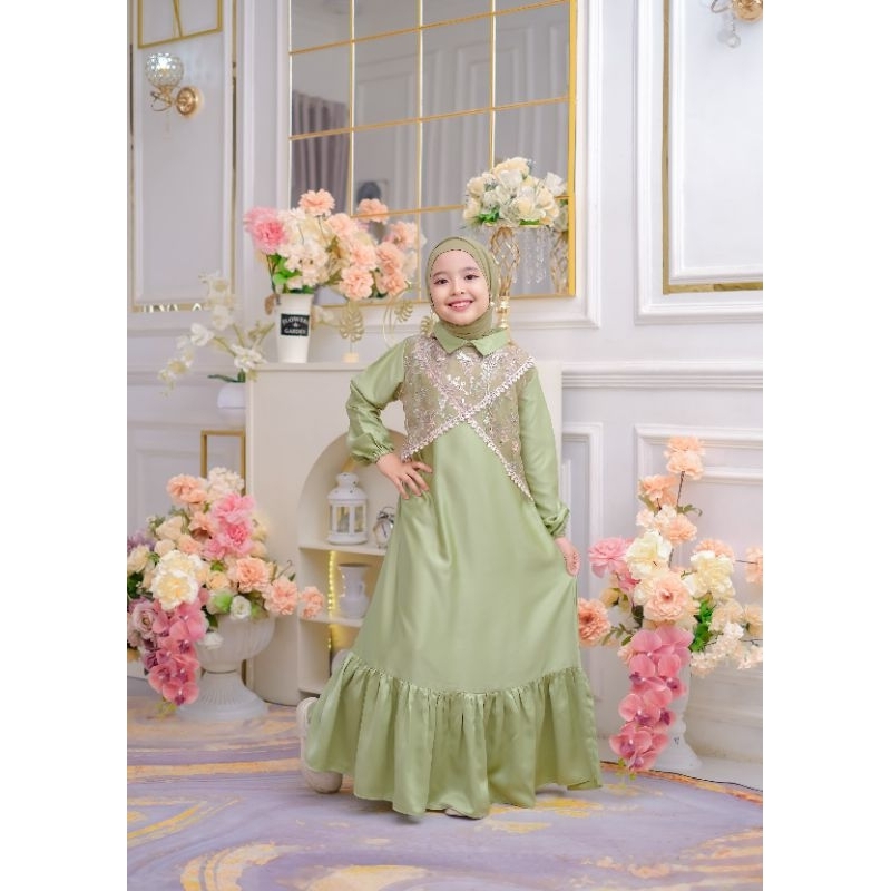 Gamis anak Kamari set hijab pasmina/gamis anak mix brokat stone import terbaru