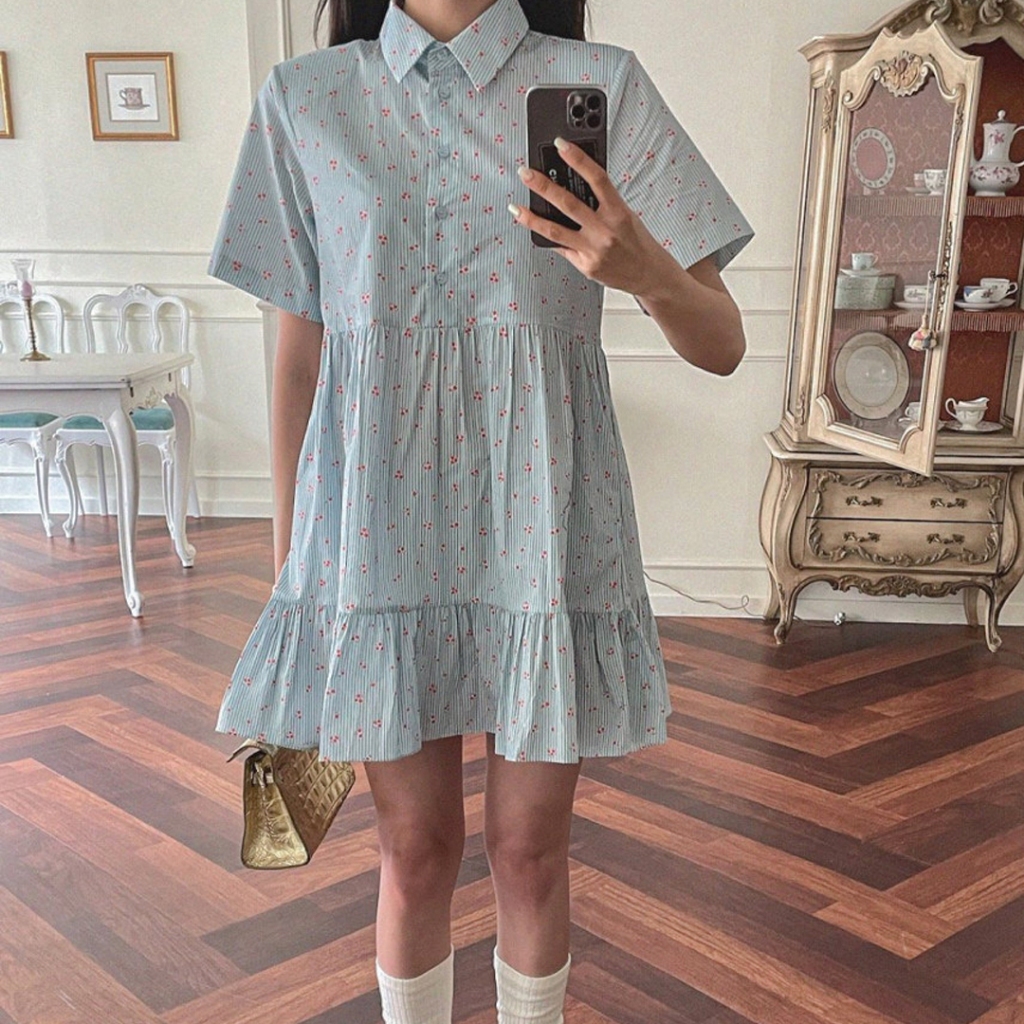 THESOOJI - Alyssa Dress - Baju Korea Motif Bunga Lengan Pendek Short Dress