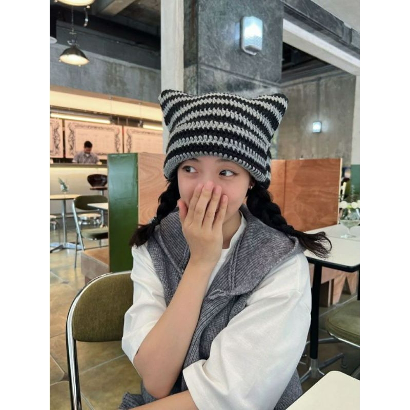 Custom Cat Beanie Y2K Yeonjun Wonyoung Renjun Illit Beabadoobee Topi Rajut Kupluk Kucing Korea Handm