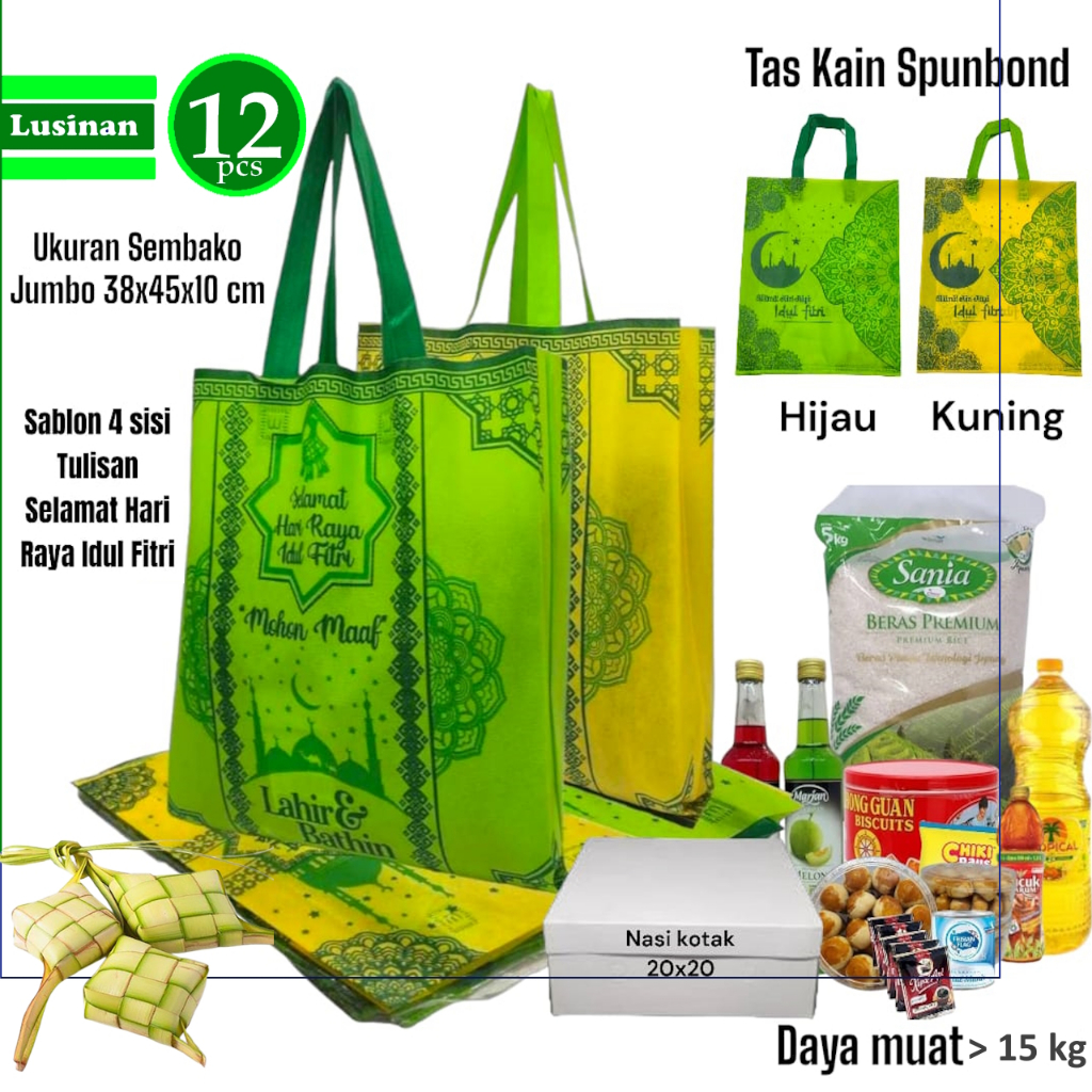 

1 Lusinan isi 12 pcs Tas Kain Spunbond Goodie Bag Lebaran Idul Fitri 2025 Ukuran Jumbo Besar 30x40 38x45 Untuk Bingkisan Parcel Hantaran Sembako kemasan santunan ramadhan Shopping bag Lipat Serbaguna Murah by Wilco spundbond paper bag