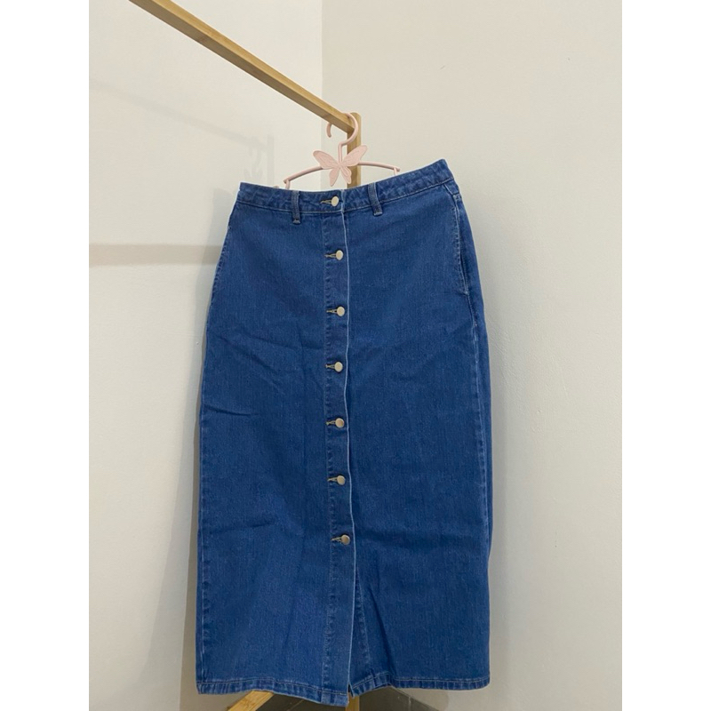 Preloved-Colorbox Button Up Denim Midi Skirt Dark Blue