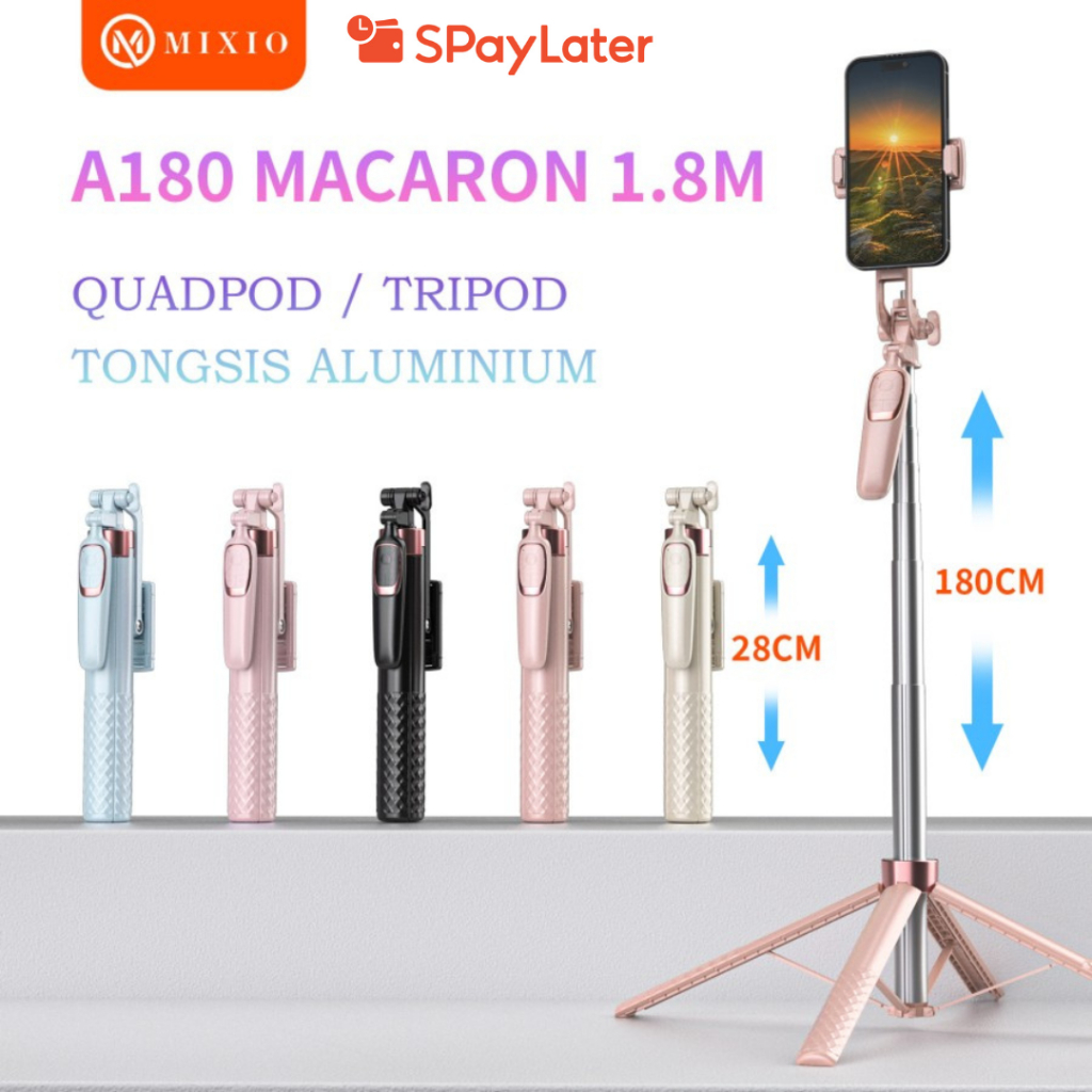MIXIO A180 Quadpod Macaron 180CM / Tripod Tongsis Bluetooth Premium Remote Multifungsi Selfie Stick 