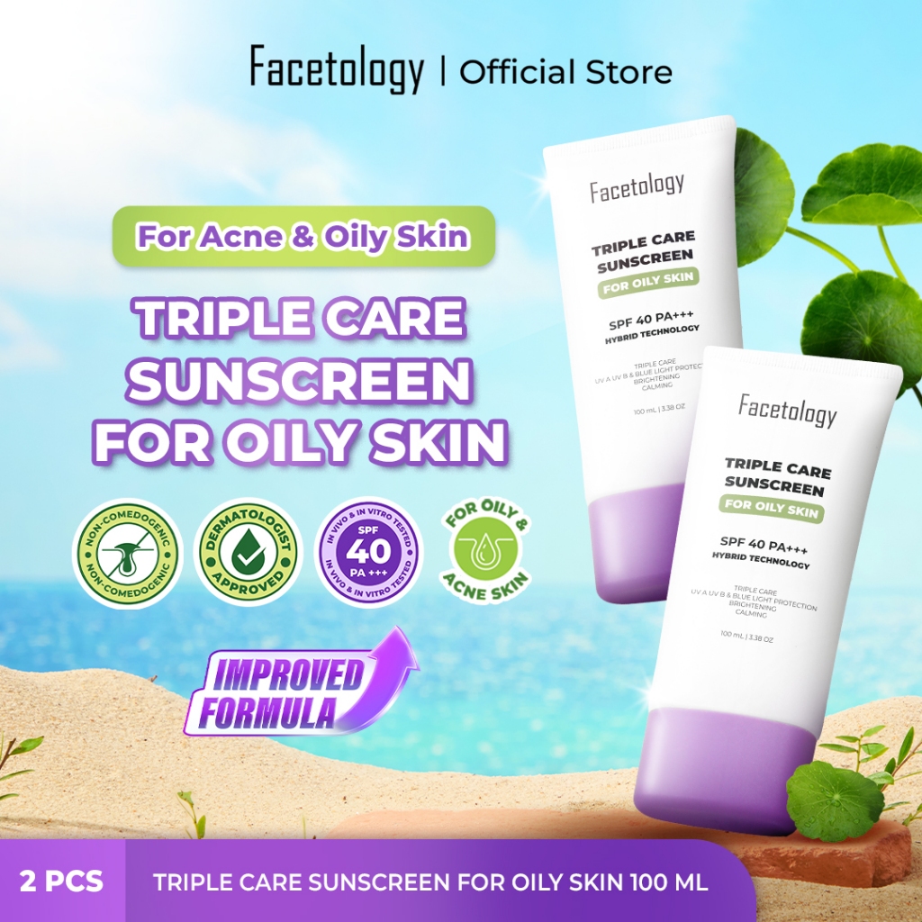 Facetology Triple Care Sunscreen For Acne & Oily Skin SPF 40 PA+++ 100ML 2 PCS