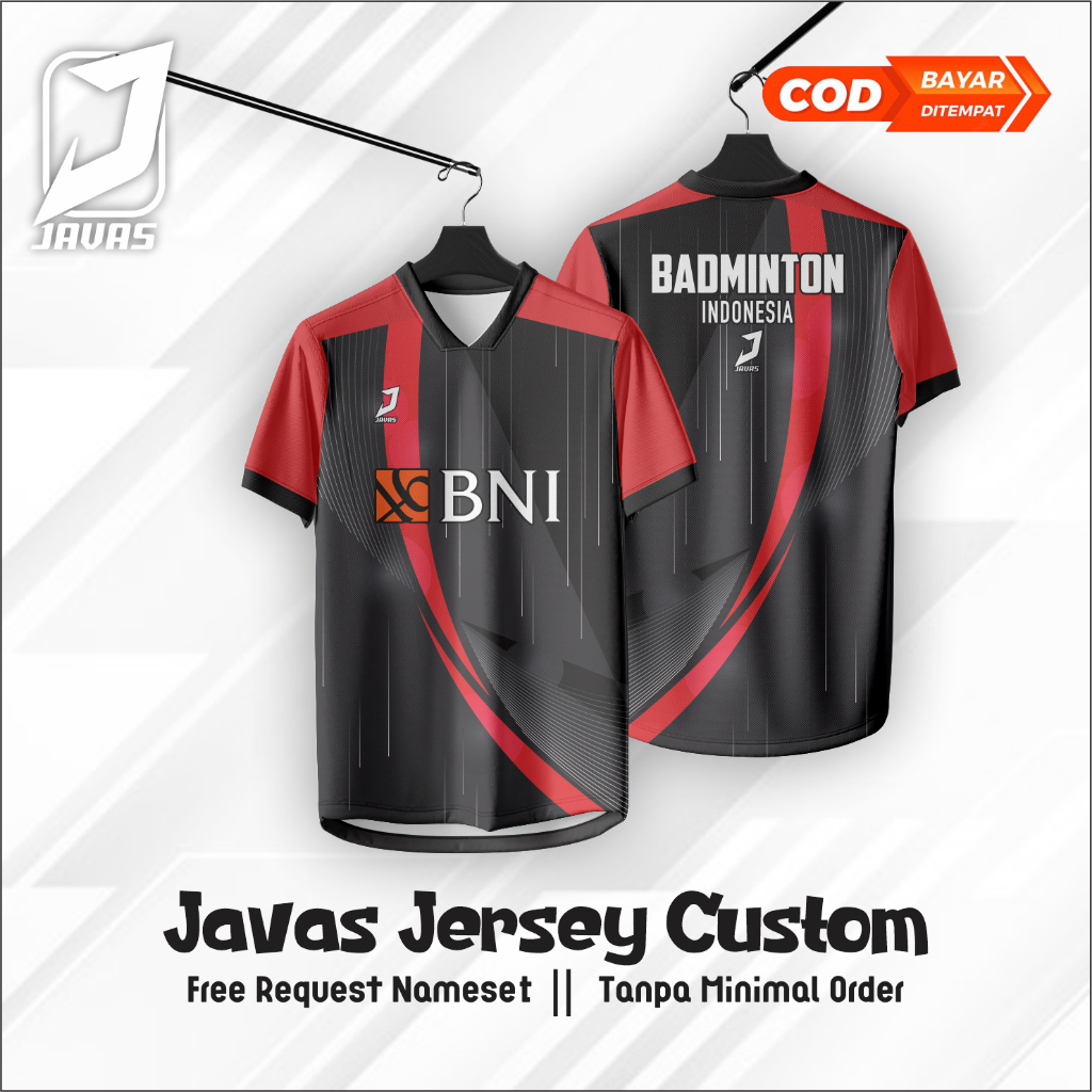 Baju Kaos Jersey Badminton Merah Hitam Printing Custom Nama