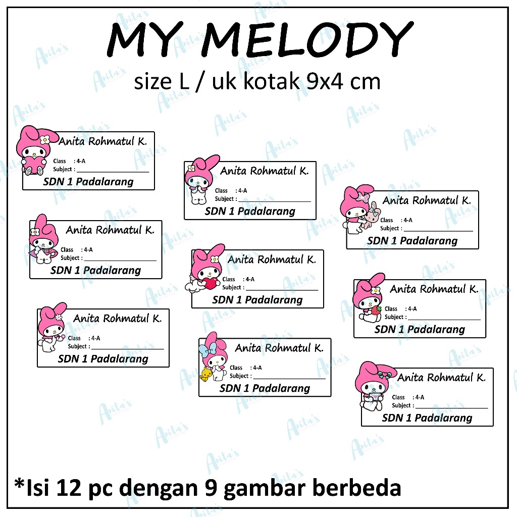 

12pcs STIKER NAMA BUKU PELAJARAN ANAK SEKOLAH tema MY MELODY | size L / 9x4 cm | CUSTOM