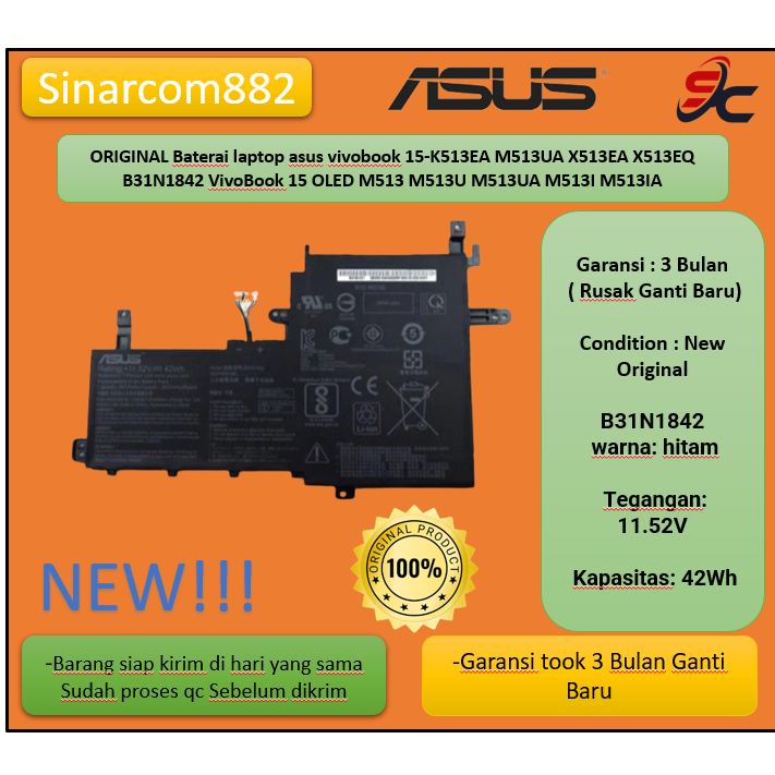 ORIGINAL Baterai laptop asus vivobook 15-K513EA M513UA X513EA X513EQ B31N1842 VivoBook 15 OLED M513 