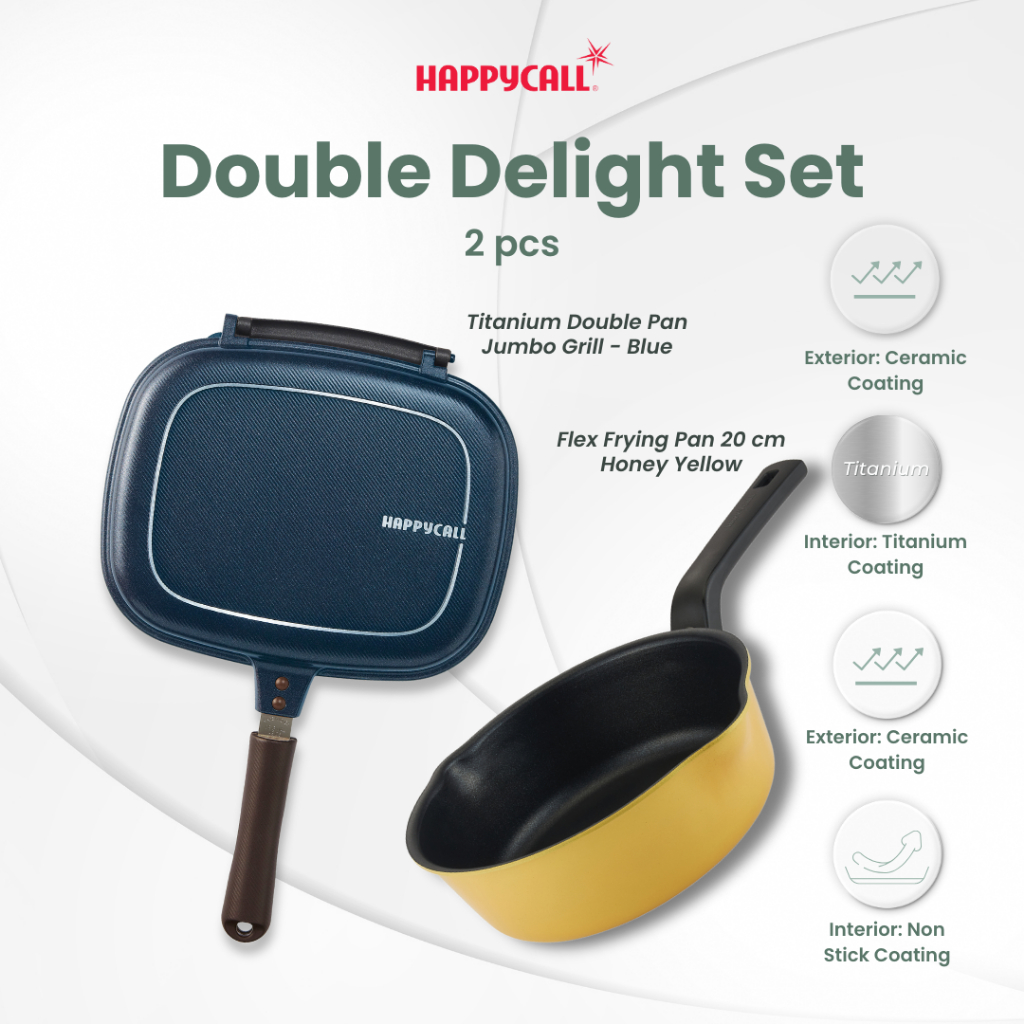 Happycall Double Pan Titanium Jumbo Grill 30cm Blue & Panci Flex Pan 20CM  (Matt Black/Honey Yellow)