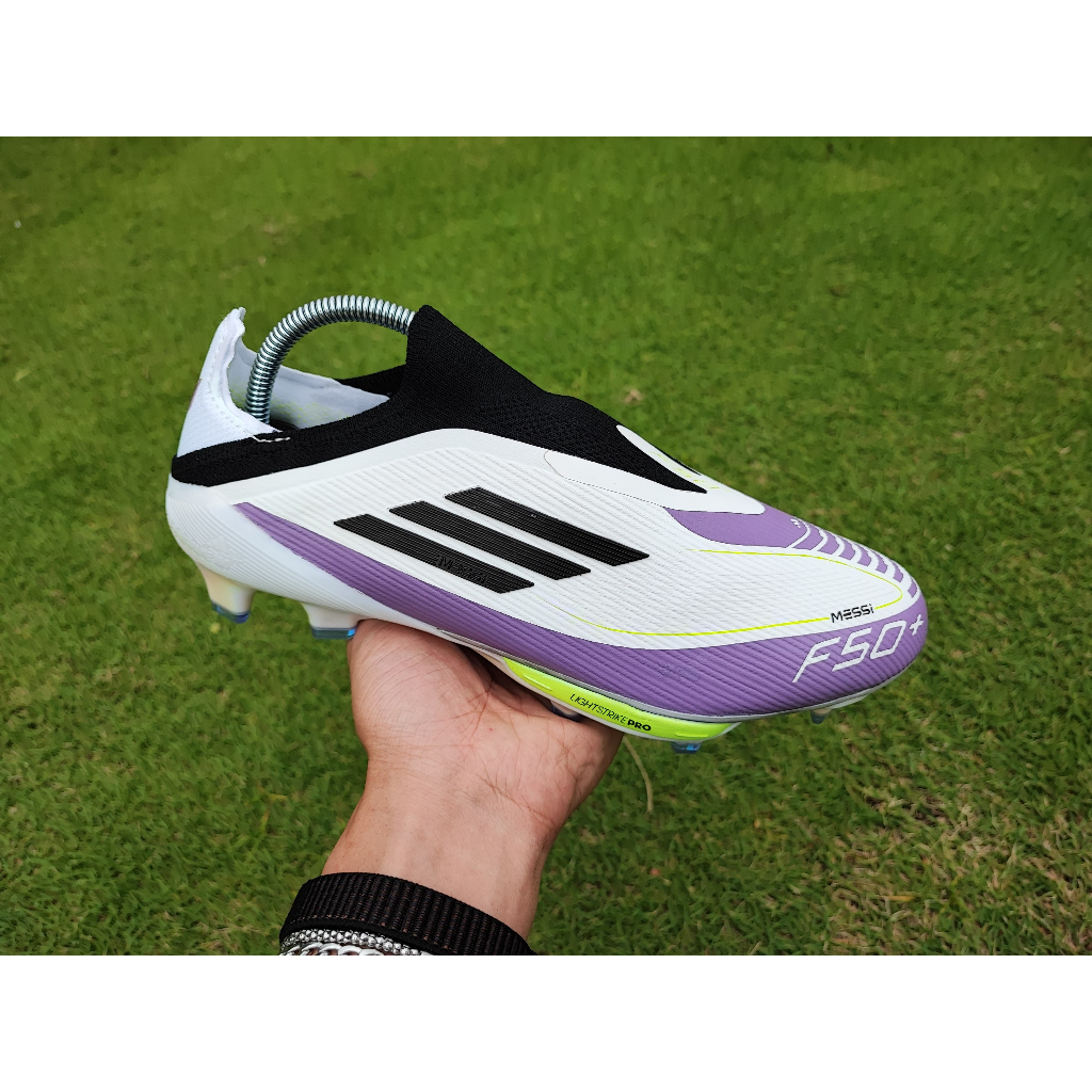 Sepatu Bola Adidas F50+ laceless tanpa tali Messi FG - Ftwr White Core Black Unity Purple