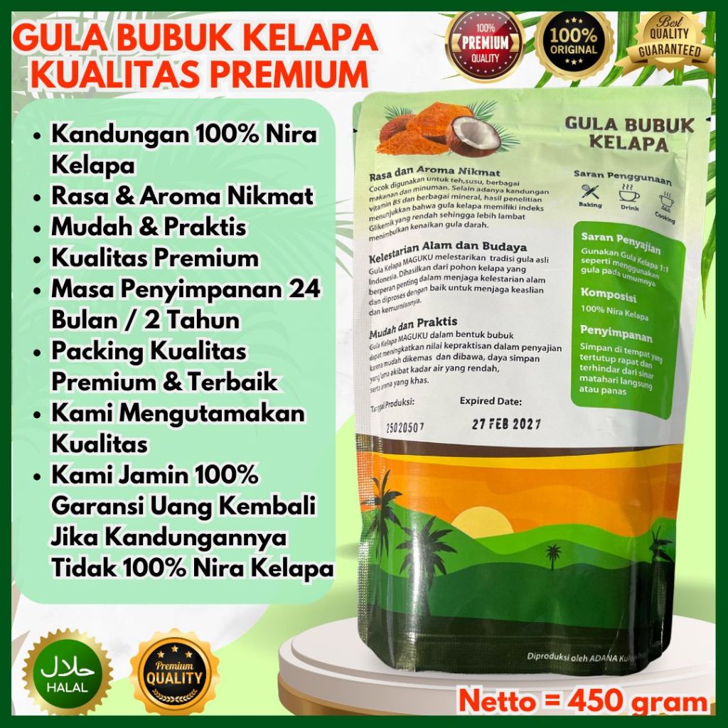 

GULA BUBUK KELAPA PREMIUM, GULA SEMUT PREMIUM 100% NIRA KELAPA MURNI, GULA BUBUK KELAPA 100% MURNI
