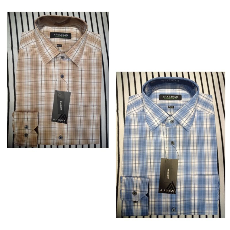 Alisan Motif Kotak Kecil Lengan Panjang Slimfit