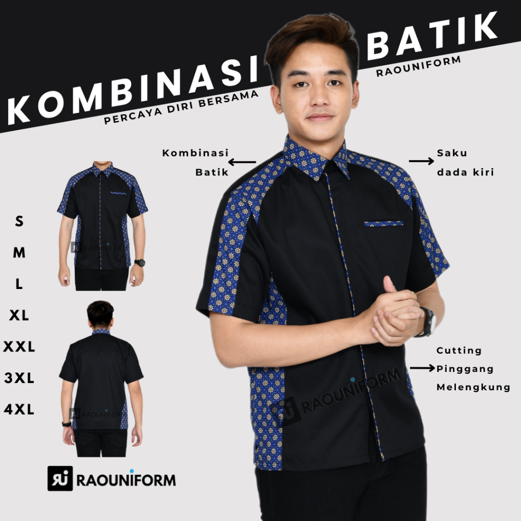 Kemeja kombinasi batik/Seragam kerja kantor/Atasan batik pria/Seragam batik pria dan wanita