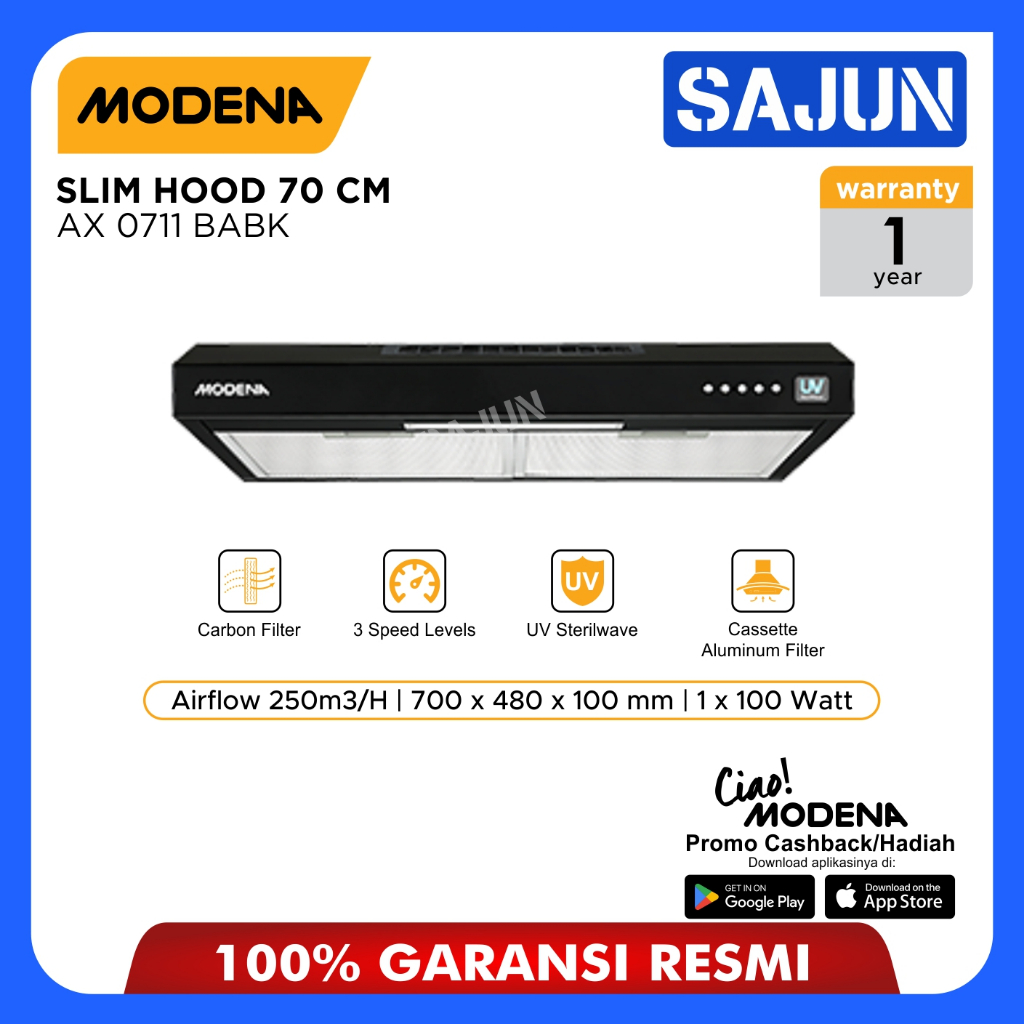 Modena Slim Hood 70cm AX-0711-BABK Cooker Hood AX0711BABK
