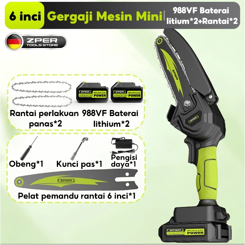 ZPER 6 Inch Gergaji Mesin Mini Pemotong Kayu Cordless Chainsaw Mini Listrik Portable Lithium 2 batre