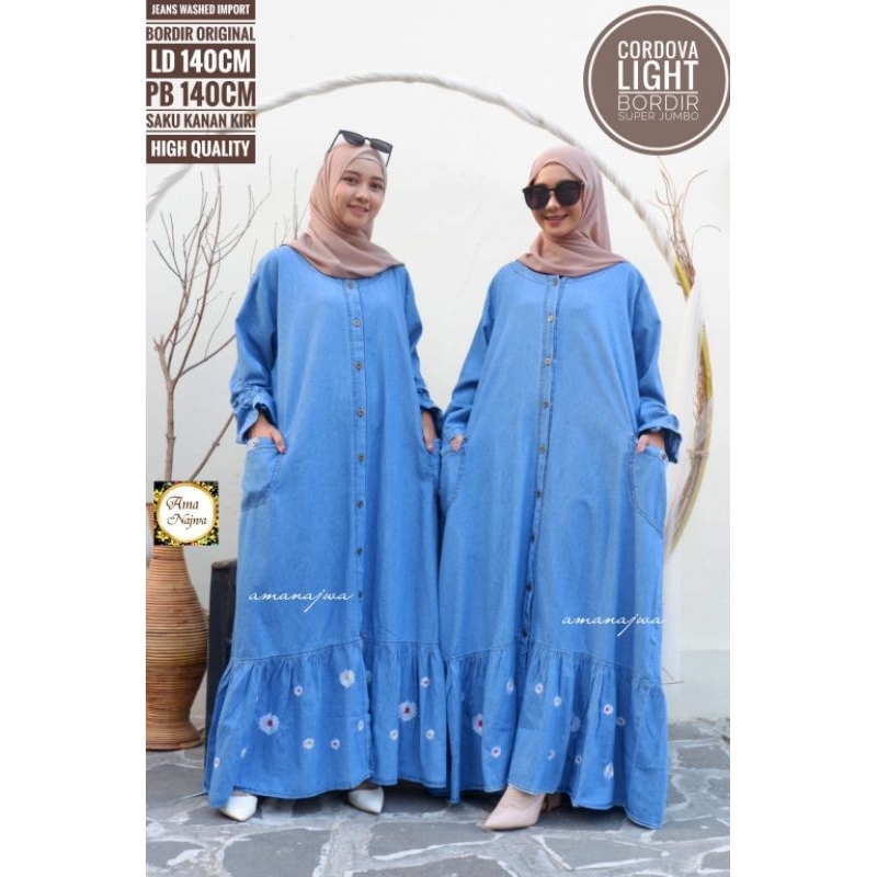 LD 140 Baju Gamis Jeans Washed Bordir Import CORDOVA LIGHT SUPER JUMBO