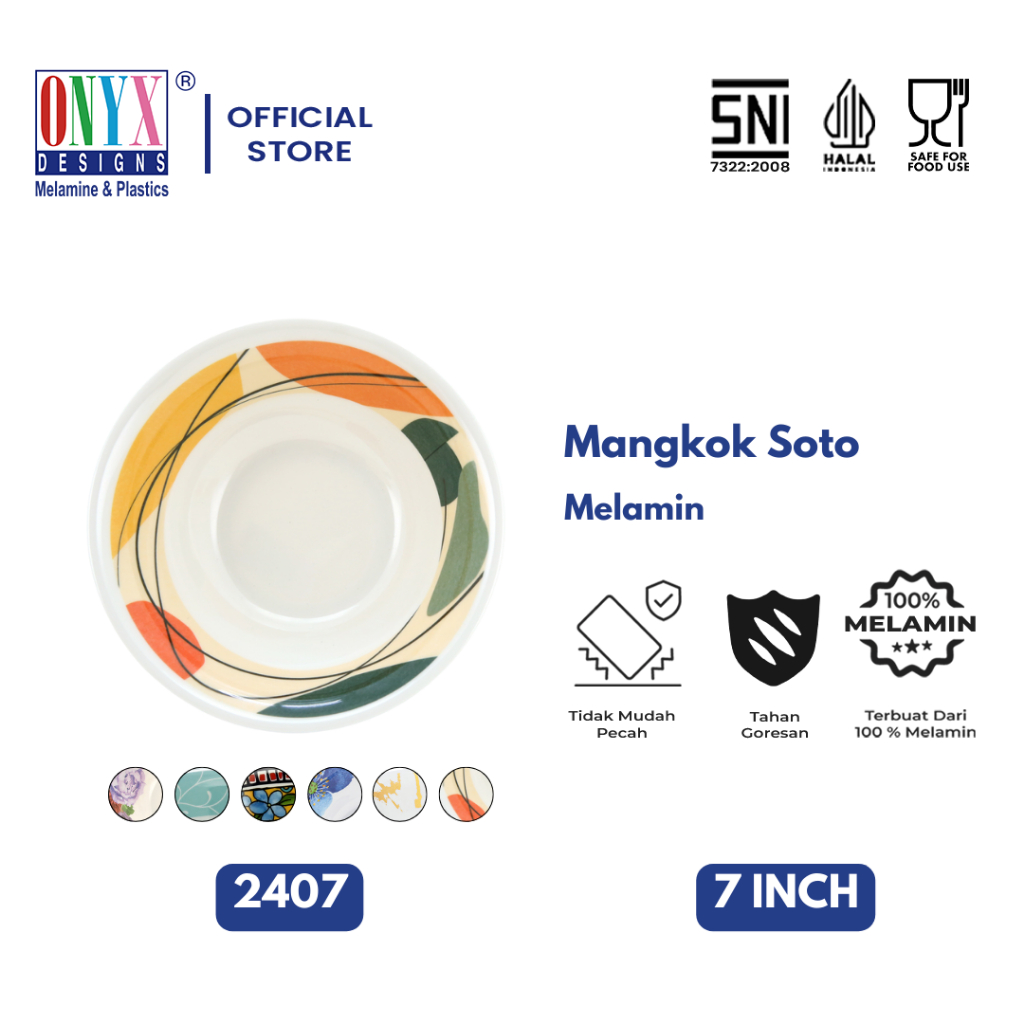 Onyx, Mangkok Sedang 7 inch: Melamin, Aman untuk Makanan, Halal, 2407 Motif