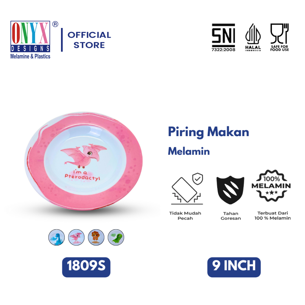 Onyx Seiv, Piring Makan Cekung 9 inch : Melamin, Aman untuk Makanan, Halal, 1809S Karakter Anak Dino