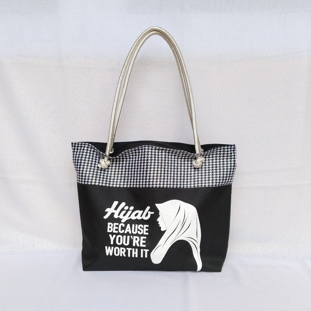 Tas Wanita Totebag Canvas Tas Ibu Tas Pengajian Motif Hijab Resleting Tali Sumbu Premium
