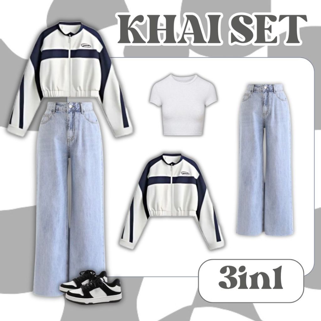 3in1 OOTD Wanita Chic One Set | Varsety Crop Kaos Crop Jeans Highwaist Blue | Outfit Kekinian | FS08