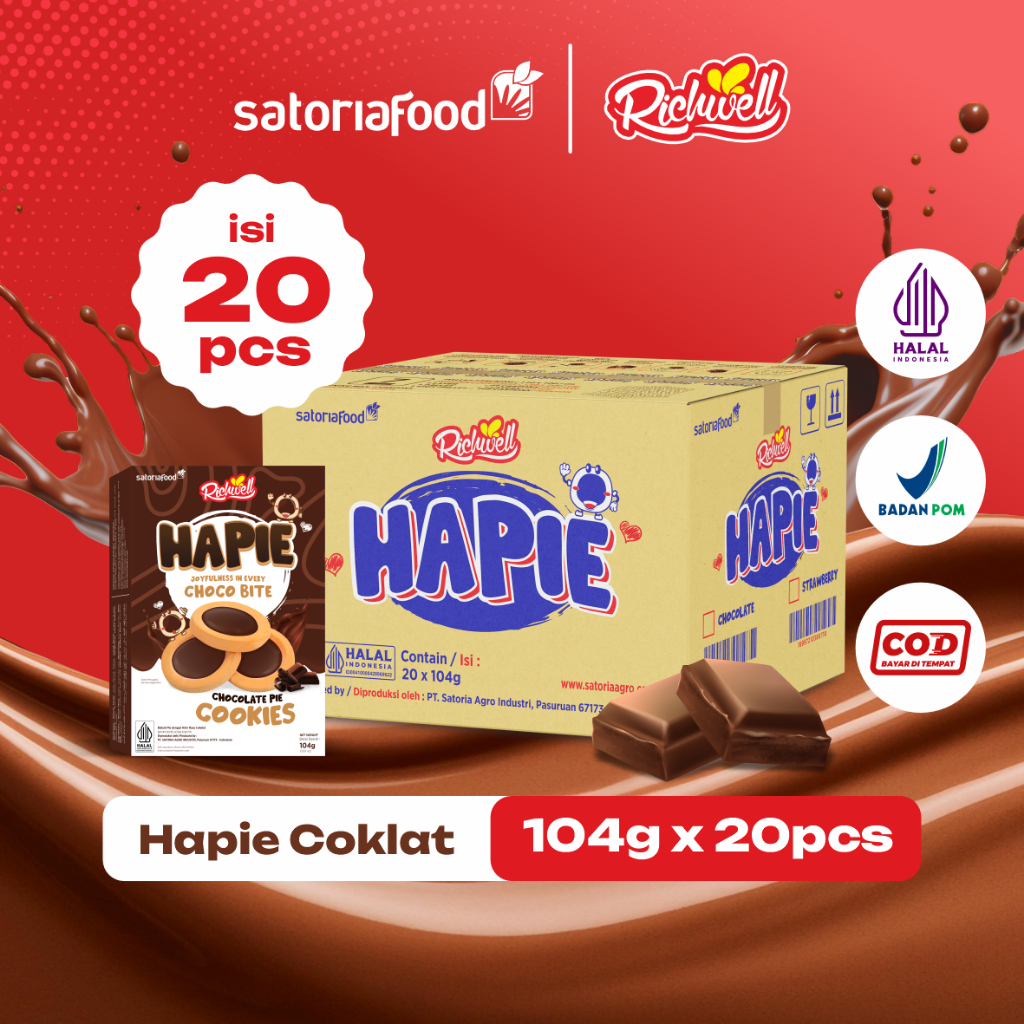 

Snack Richwell Hapie Chocolate Cookies 104gr x 20 Box [ 1 Dus ] | Cemilan Biskuit Pie Mini Kukis Rasa Cokelat
